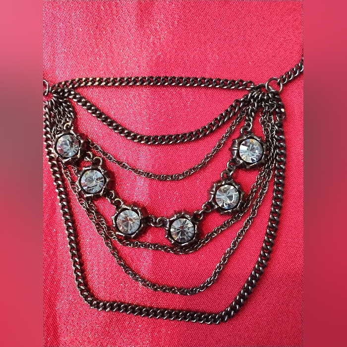 Talbot Gun Metal Multi Chain Black Rhinestone Necklace 18